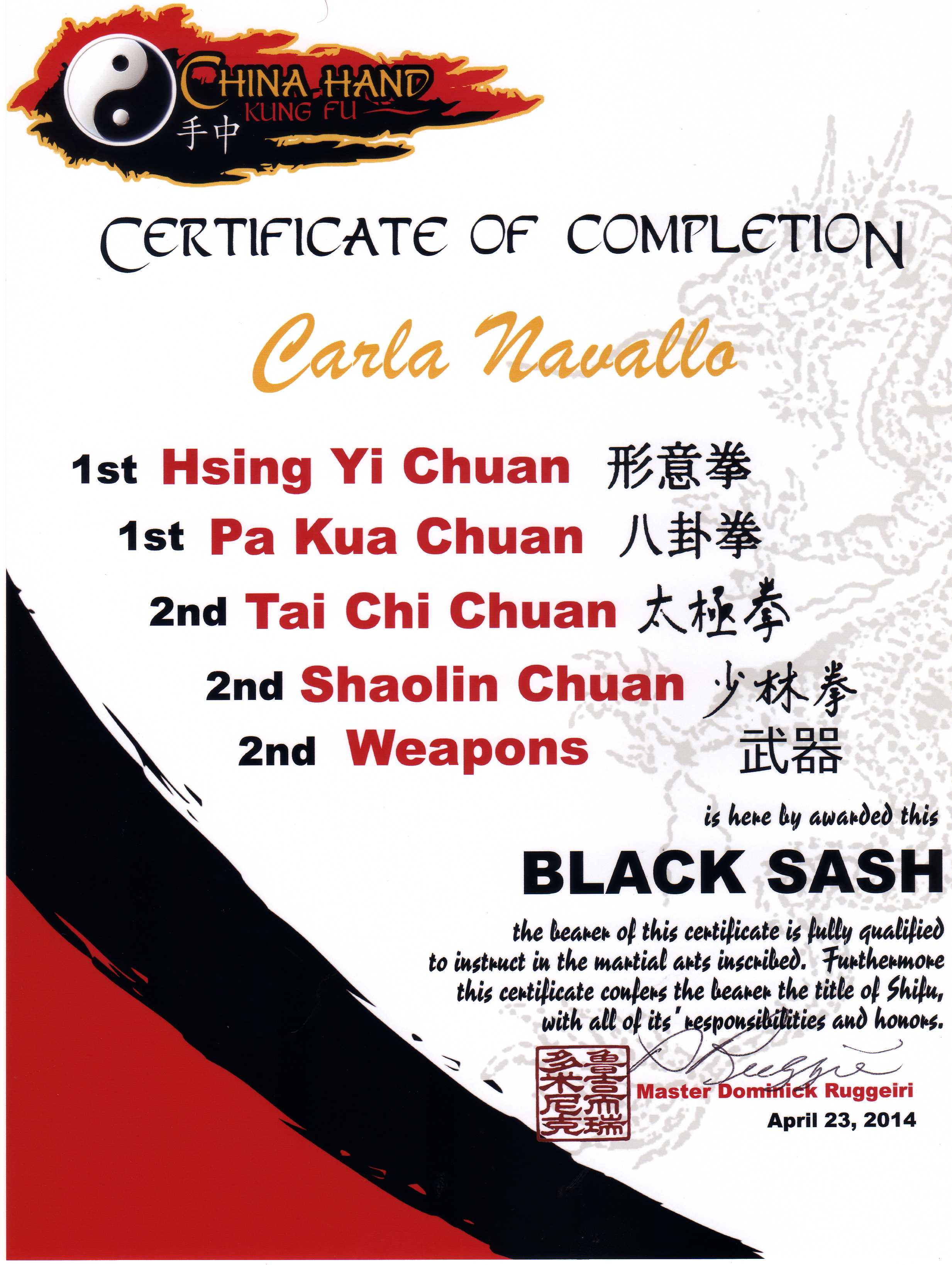 Carla Black Sash Certificate